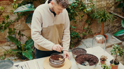 Young man works in a home gardening workshop, adding a nutrient-rich layer of soil to plant succulents in a glass terrarium