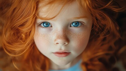 Naklejka premium bright-eyed young girl with fiery red hair, her striking blue eyes captivating, framed in a soft, dreamy background, embodying youthful spirit and curiosity
