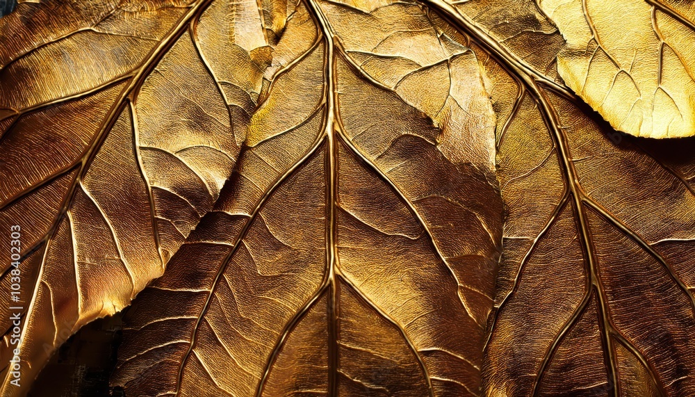 Poster golden macro close-up of leaf veins. abstract nature texture with metallic shine, highlighting organ