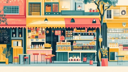 Fototapeta premium Colorful Market Scene with Shops and Cafes