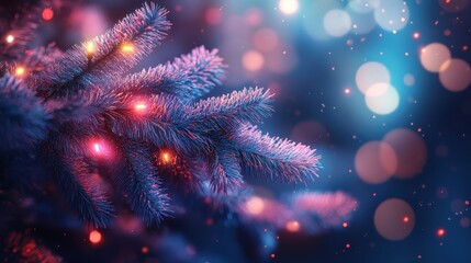Fototapeta premium New Year's trees, a branch of a conifer tree, which is decorated with colorful neon lights. Blurred background. Christmas illustration, Generative AI.