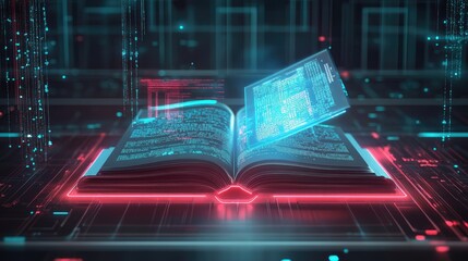 A visually striking digital book open in a modern digital environment, filled with futuristic graphics that enhance the learning experience.