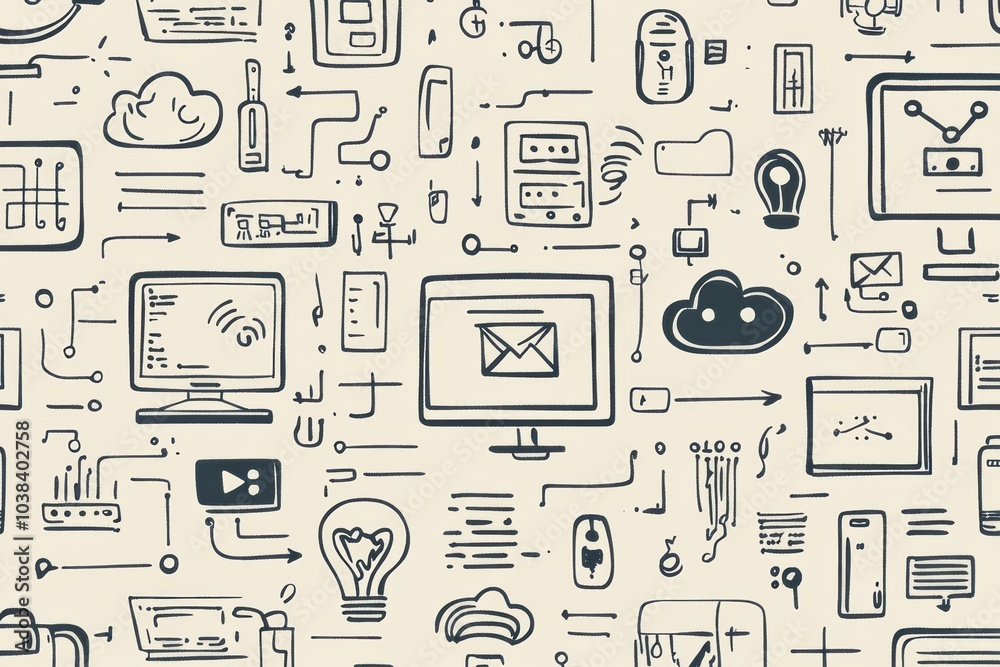 Poster This collection showcases inventive doodles featuring technology items like computers, smartphones, and coding symbols on a light backdrop. Generative AI