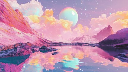 Fototapeta premium A planet with an atmosphere that refracts light into vivid rainbow colors, creating an otherworldly, prismatic sky