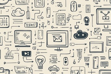 This collection showcases inventive doodles featuring technology items like computers, smartphones, and coding symbols on a light backdrop. Generative AI