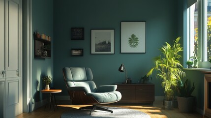 A welcoming living room with grey-green-blue walls and a cozy very peri armchair, creating a relaxing lounge area for leisure.