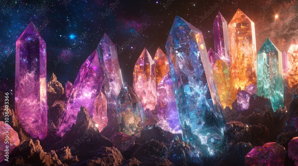 Canvas Prints a mystical planet covered in enormous, towering crystal formations of various colors