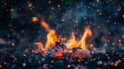 Naklejka premium Rozmyte iskry unoszą się w powietrzu na tle głębokiej czerni, tworząc efekt eterycznego ognia. 