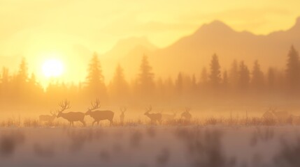 Fototapeta premium Majestic Elk Herd Grazing in Ice Age Snowscape at Sunset - Ultra-Detailed Wildlife Scene with Breath Vapor in Winter Wilderness