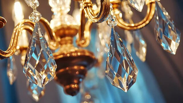 A close-up view of a crystal chandelier, showcasing intricate details and a subtle blue hue, illuminating a room with a touch of elegance