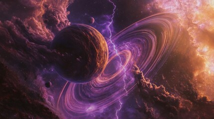 A massive gas giant planet with swirling, colorful clouds and violent storms. Rings of dust and debris orbit the planet, while distant moons can be seen in the background