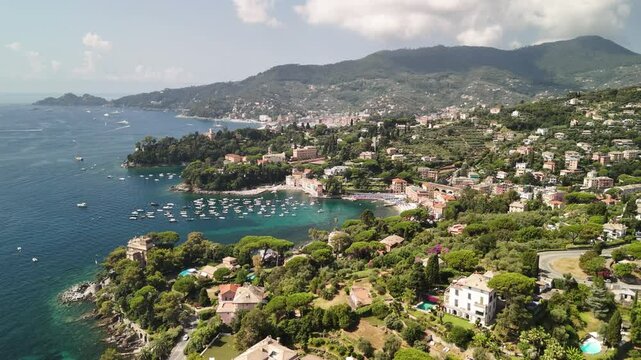 An aerial exploration of the stunning coastline and charming town of Rapallo, Italy