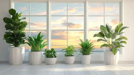 Fototapeta premium Modern Interior with Green Plants and Scenic Window View