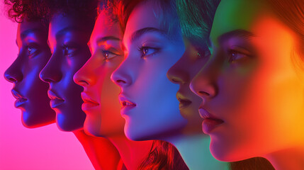  Kolaż składający się z kilku portret&oacute;w, przedstawiający r&oacute;żnorodne modele w żywych, neonowych barwach.
