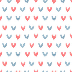 Hand drawn watercolor blue and red hearts seamless pattern isolated on white background. Can be used for textile, fabric, scrapbook and other printed products.