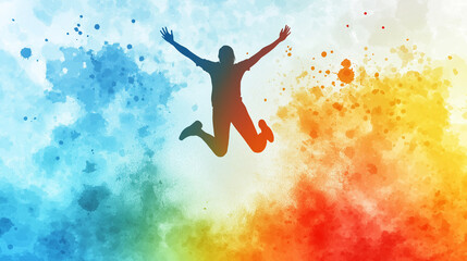 Naklejka premium Silhouette of a person joyfully jumping, surrounded by splashes of watercolor in shades of blue, orange, and yellow. The vibrant colors and dynamic pose evoke themes of happiness, energy, and freedom