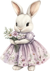 Obraz premium Adorable bunny in a lace dress holding a bouquet of wildflowers 