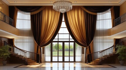 Grand Foyer with Elegant Drapes and Chandelier