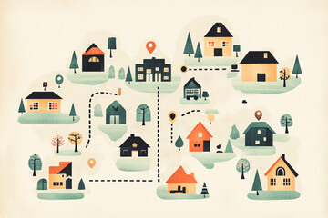 A minimalist logo design featuring a house on a quiet city street, lined with trees and a winding path. The simple yet detailed picture captures the harmony between urban living and nature