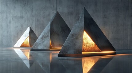 Dynamic triangular metal shapes with glowing tips, positioned on a polished reflective floor, a blend of abstract art and geometric precision
