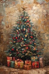 Vintage oil painting of colourful Christmas tree