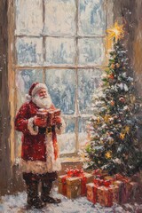 Vintage oil painting of Santa Claus in front of the Christmas tree