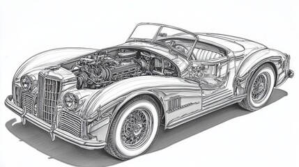 Fototapeta premium Classic Car Illustration with Detailed Engine View