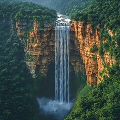 Fototapeta premium A breathtaking waterfall cascading down steep cliffs, surrounded by lush greenery, creating a serene and tranquil atmosphere in the heart of nature.