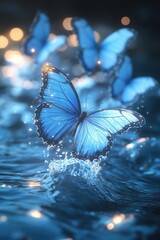 Surreal Seascape: Sparkling Waves and Dancing Butterflies in Light Blue Fantasy