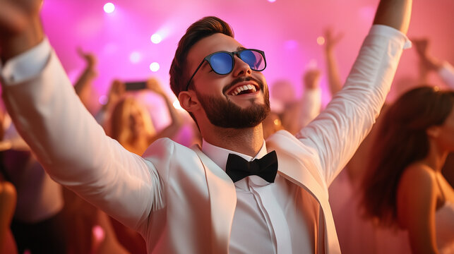 A man in a suit and sunglasses is dancing at a party