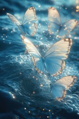 Surreal Seascape: Sparkling Waves and Dancing Butterflies in Light Blue Fantasy