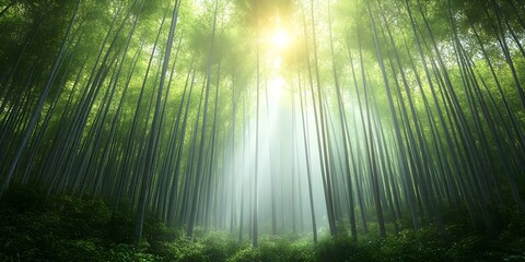 A serene bamboo forest bathed in warm sunlight, showcasing tall, green bamboo stalks reaching toward the sky, creating a peaceful and tranquil atmosphere.