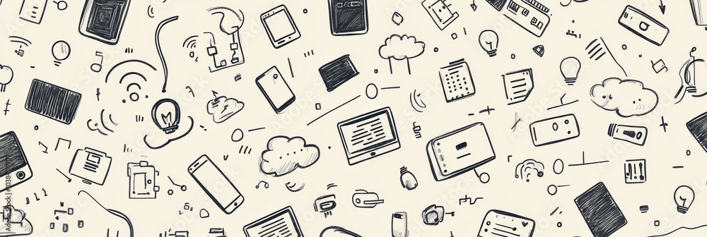 Aufkleber The artwork showcases a variety of hand-drawn doodles featuring technology items, from smartphones to coding symbols, blending creativity and tech. Generative AI