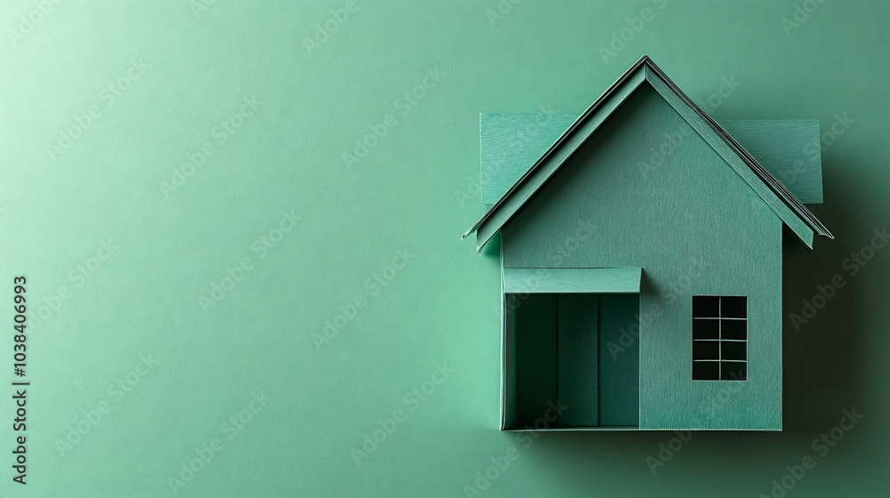 Poster elegant layout showcasing large green paper house icon centered on a light green gradient background