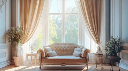 Fototapeta premium Elegant Living Room with Natural Light and Warm Decor