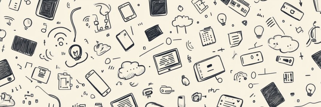 The artwork showcases a variety of hand-drawn doodles featuring technology items, from smartphones to coding symbols, blending creativity and tech. Generative AI