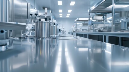 Fototapeta premium A close-up of pristine work surfaces in a clean factory emphasizing the attention to hygiene and organization in the workspace