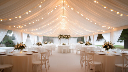 A large tent with white fabric and lights hanging from the ceiling