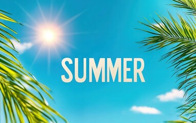 Obraz premium Abstract minimal summer horizontal poster featuring a bright sun in the blue sky with bold 