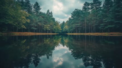 Forest reflected in still water with cloudy sky overhead.