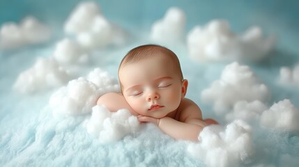 Adorable baby sleeping in clouds like little angel. newborn baby sleeping in clouds floating