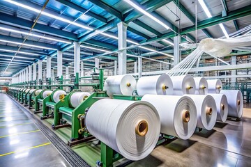 Advanced Textile Manufacturing: Modern Factory with White Fabric Rolls