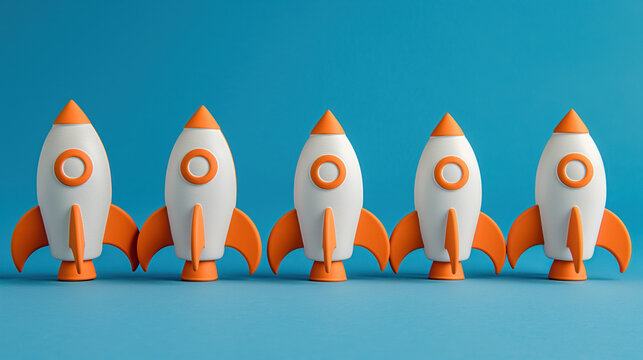 Row of five orange and white rocket models against a blue background