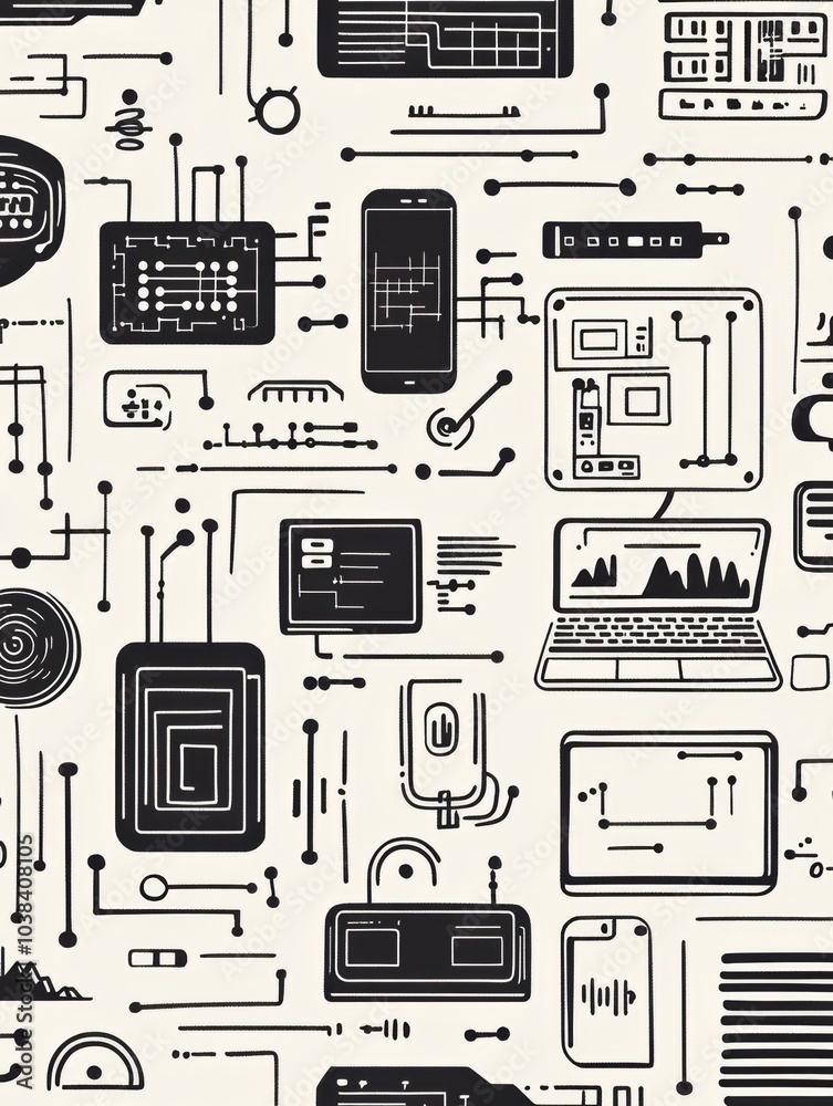 Poster a collection of hand-drawn technology doodles features computers, smartphones, coding symbols, and c