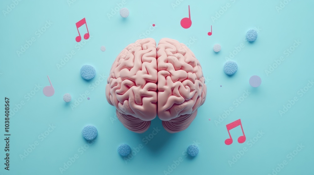 Aufkleber the bright pink brain sits centrally, accompanied by musical notes and pastel shapes, emphasizing th