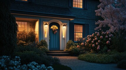 Fototapeta premium Modern Beautifully Designed House Exterior at Twilight