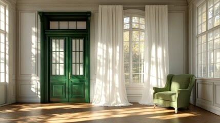Fototapeta premium Elegant Living Room with Natural Light and Green Accents