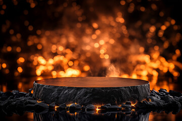 Black stone podium against a black wall in flames background with copy space for the product.