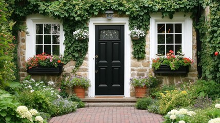 Charming Black Door with White Trim Surrounded by Greenery