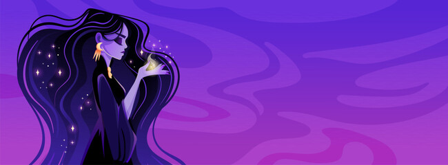 Woman witch with long hair and stars. Magic Illustration for horoscope and natal chart background. Horizontal vector illustration. Banner for astrology and business
